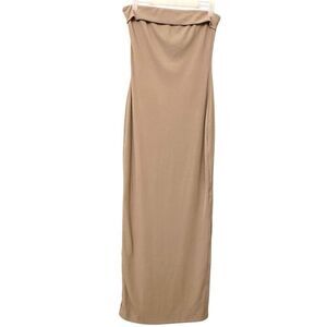 BTFBM Strapless Tube Knit Backless Slit Formal Bodycon Beige Maxi Dress Small